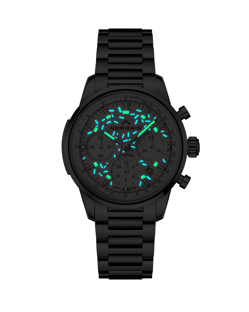 Front view of Freedom Chrono Enjoy Life Sprinkles watch showcasing glowing sprinkle style hour markers on black steel bracelet with dark background