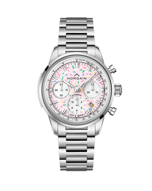 Front view of Freedom Chrono Sprinkles stainless steel watch with pink sprinkle pattern dial and three subdials