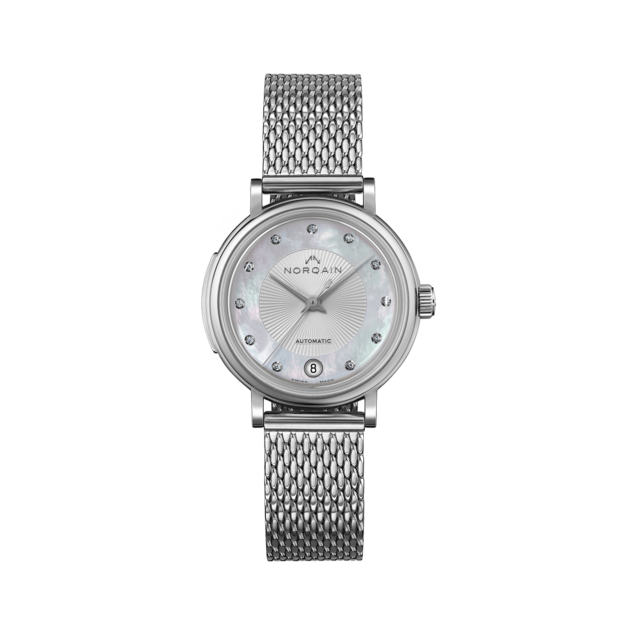 Front view of Freedom 60 34mm watch showing mother-of-pearl dial, diamond markers, date at 6, and steel mesh bracelet