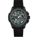 Black wristwatch with a detailed face on a white background