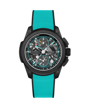 Watch with turquoise strap and black case on a white background