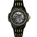 Black and gold watch with visible brand name on a white background