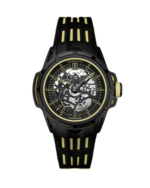 Black and gold watch with visible brand name on a white background
