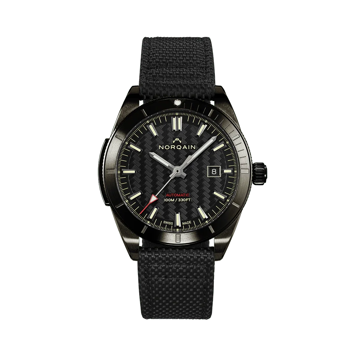 Front of Adventure Sport 42mm watch with black DLC case, textured dial, date at 3, luminous hands, black Nordura strap