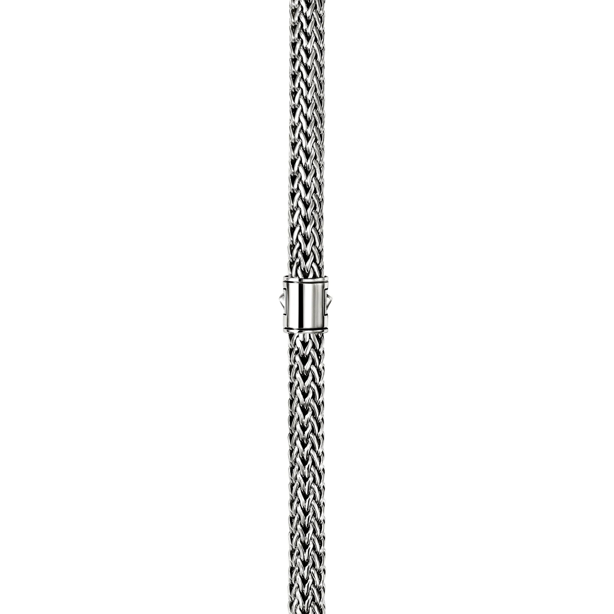 A close-up of a silver-toned woven metal necklace with a matching polished clasp, centered on a plain white background.