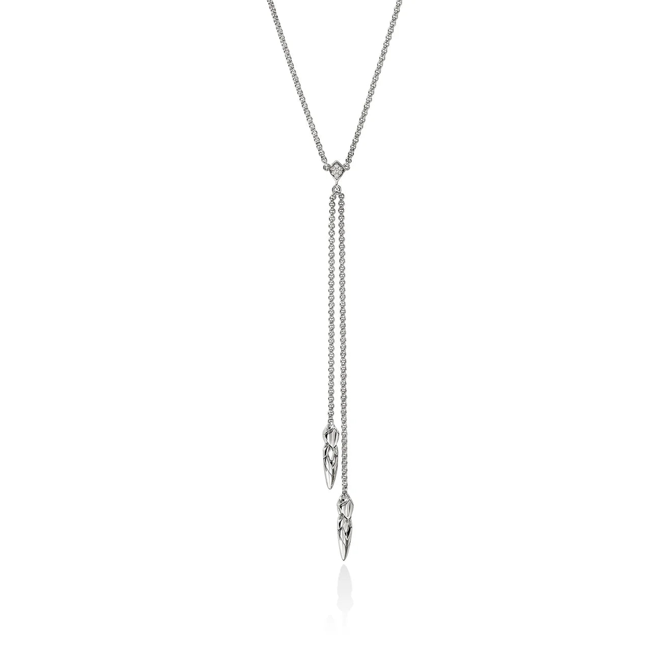 A silver-toned lariat necklace with a delicate chain, a small heart-shaped connector, and two dangling feather-like charms, shown on a plain white background.