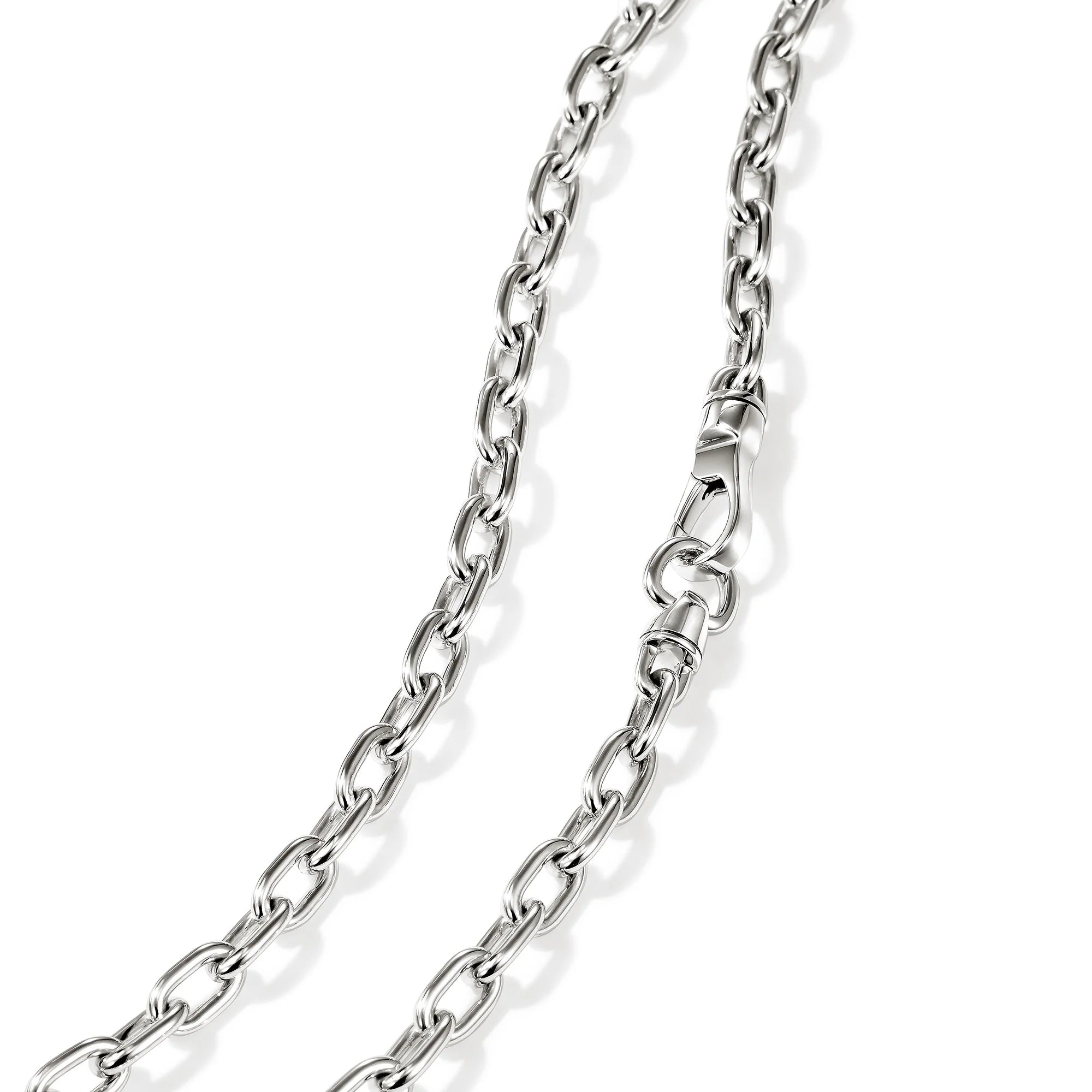 A close-up of a silver-toned metal chain necklace with a lobster clasp, photographed on a clean white background.