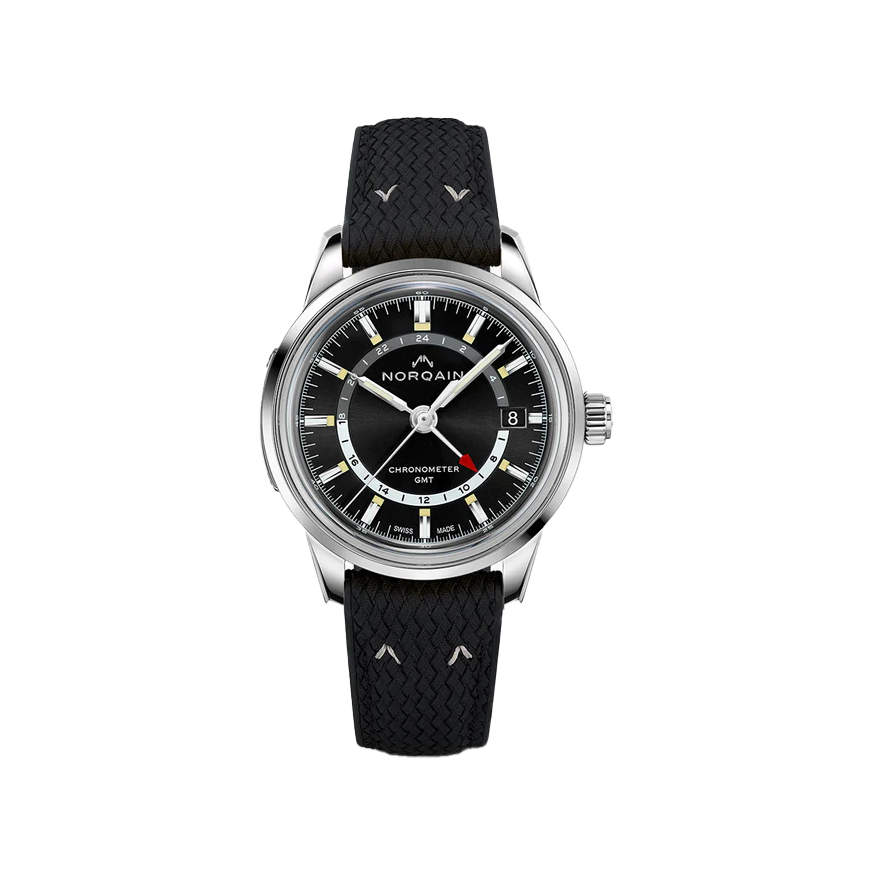 Front view of Freedom 60 GMT 40mm watch with black dial, GMT 24-hour ring, date at 3 o'clock, black textured strap
