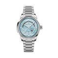Front view of Freedom 60 GMT 40mm watch showcasing ice blue dial, stainless steel bracelet, GMT hand and date at 3 on black background