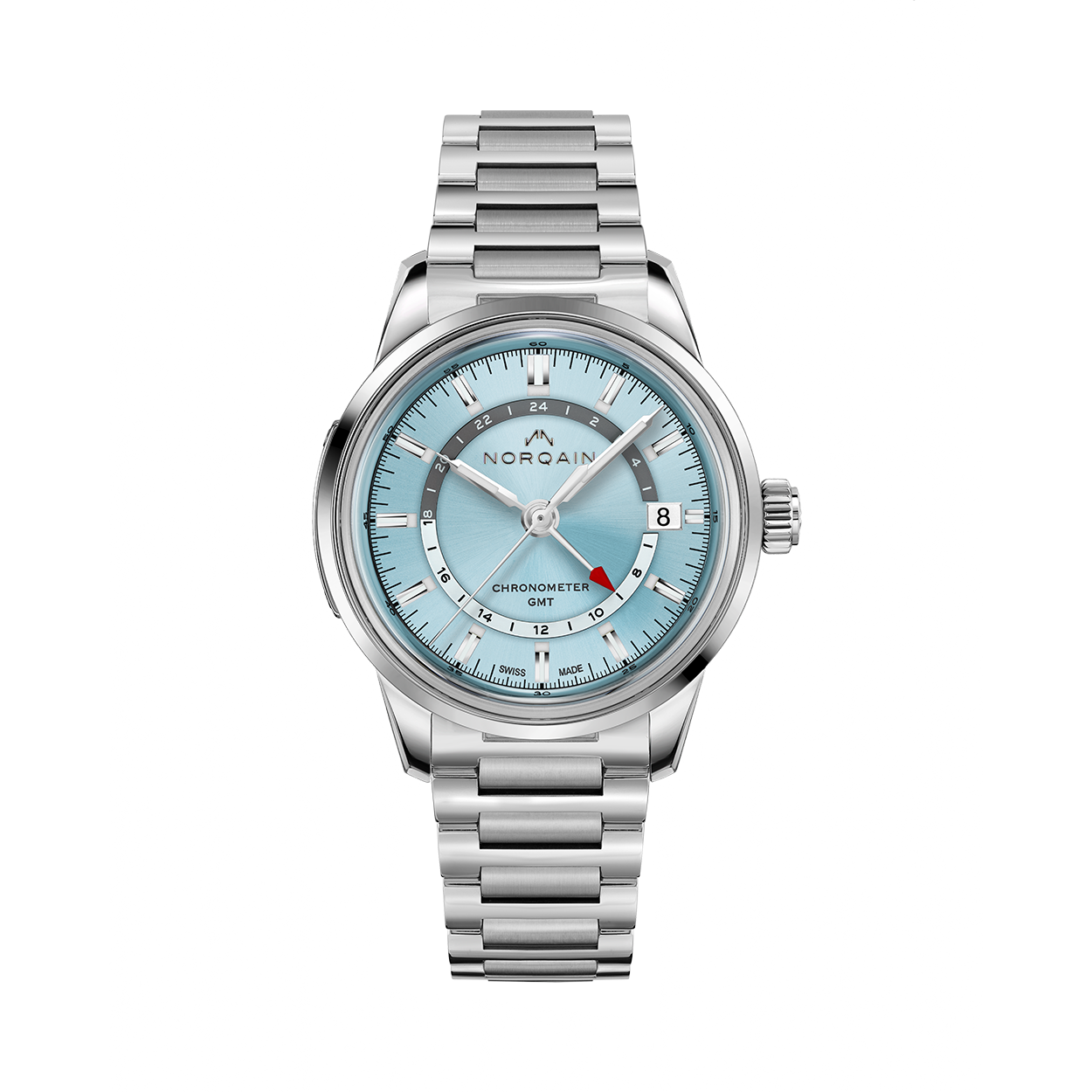 Front view of Freedom 60 GMT 40mm watch showcasing ice blue dial, stainless steel bracelet, GMT hand and date at 3 on black background