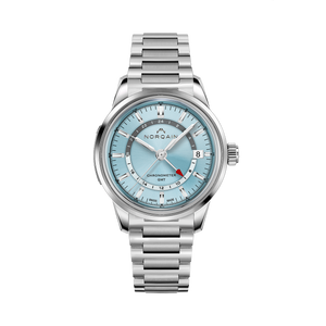 Front view of Freedom 60 GMT 40mm watch showcasing ice blue dial, stainless steel bracelet, GMT hand and date at 3 on black background