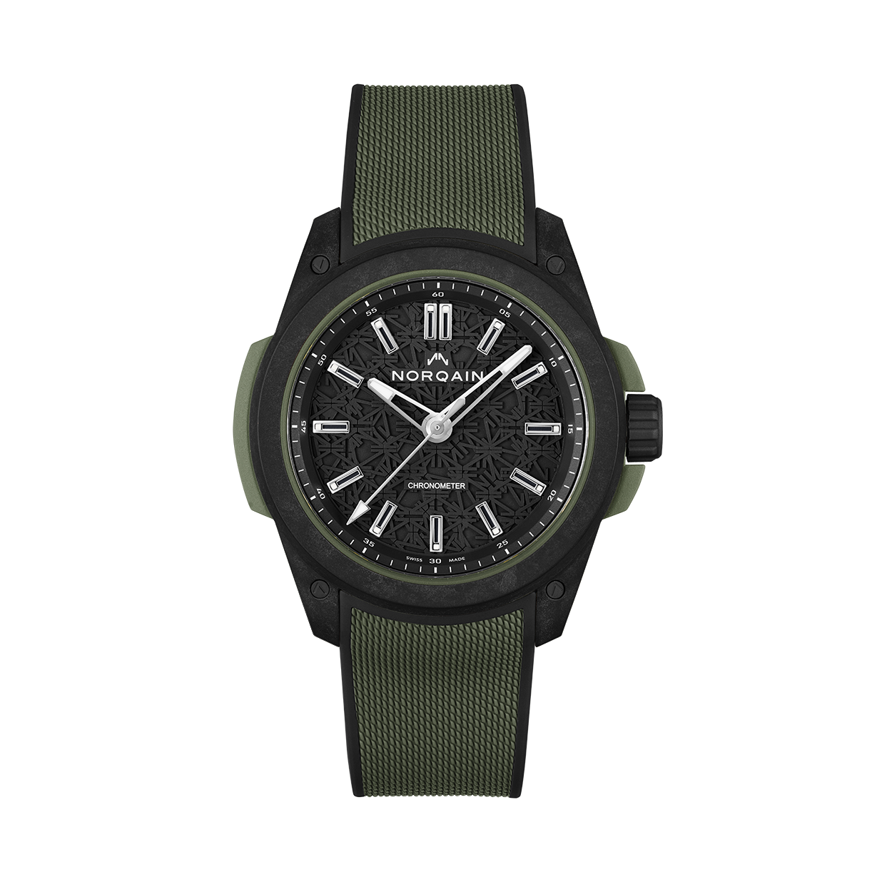 Front view of Independence Wild One 42mm watch showcasing NORTEQ carbon fiber case and khaki green strap on white background