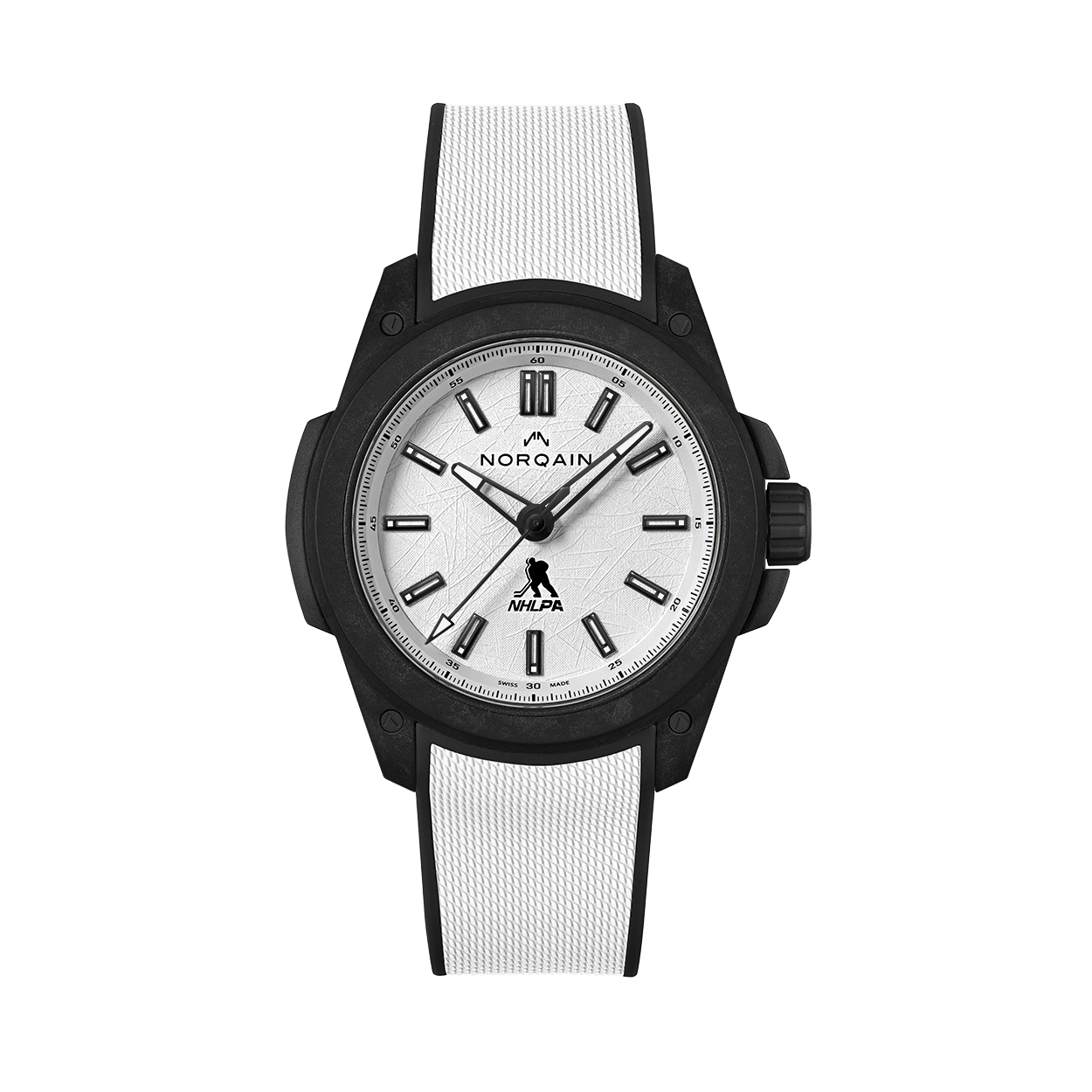 Front view of Wild One NHLPA Limited Edition 42mm watch with textured white dial and NHLPA logo, black case and white strap