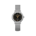 Front of Norqain Freedom 60 Diamond Dial 34mm watch with black diamond dial, date at 6 and stainless steel mesh bracelet