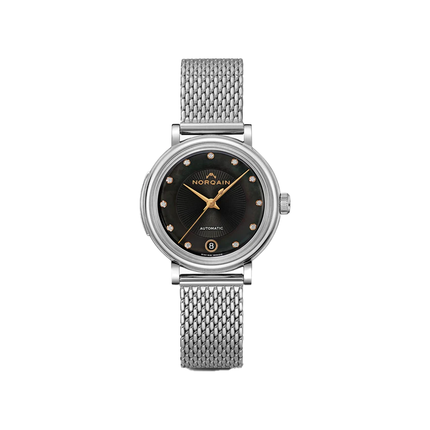 Front of Norqain Freedom 60 Diamond Dial 34mm watch with black diamond dial, date at 6 and stainless steel mesh bracelet