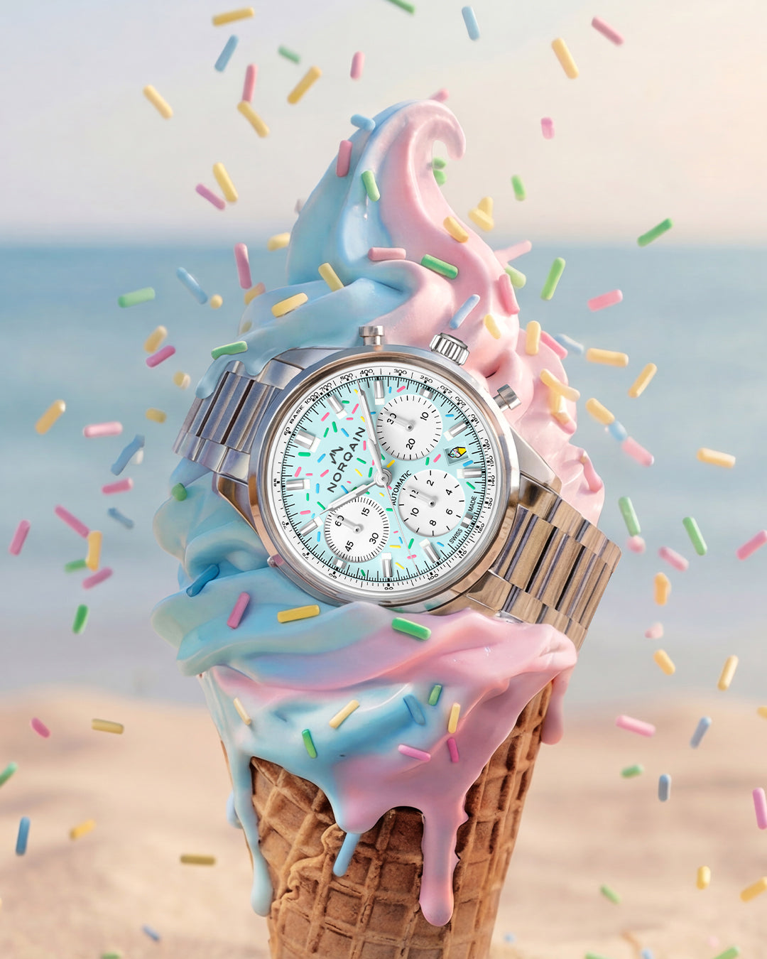 Three-quarter view of Norqain Freedom Chrono Sprinkles watch showing pastel sprinkles dial and steel bracelet on an ice cream cone