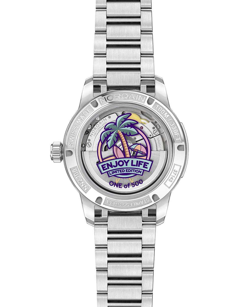 Stainless steel watch showing the back case that says Enjoy Life on a white background