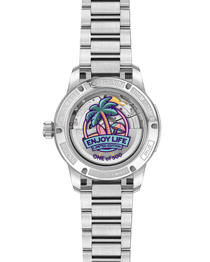 Stainless steel watch showing the back case that says Enjoy Life on a white background