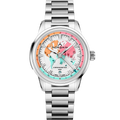 Norqain stainless steel  timepiece with a colorful face on a white background