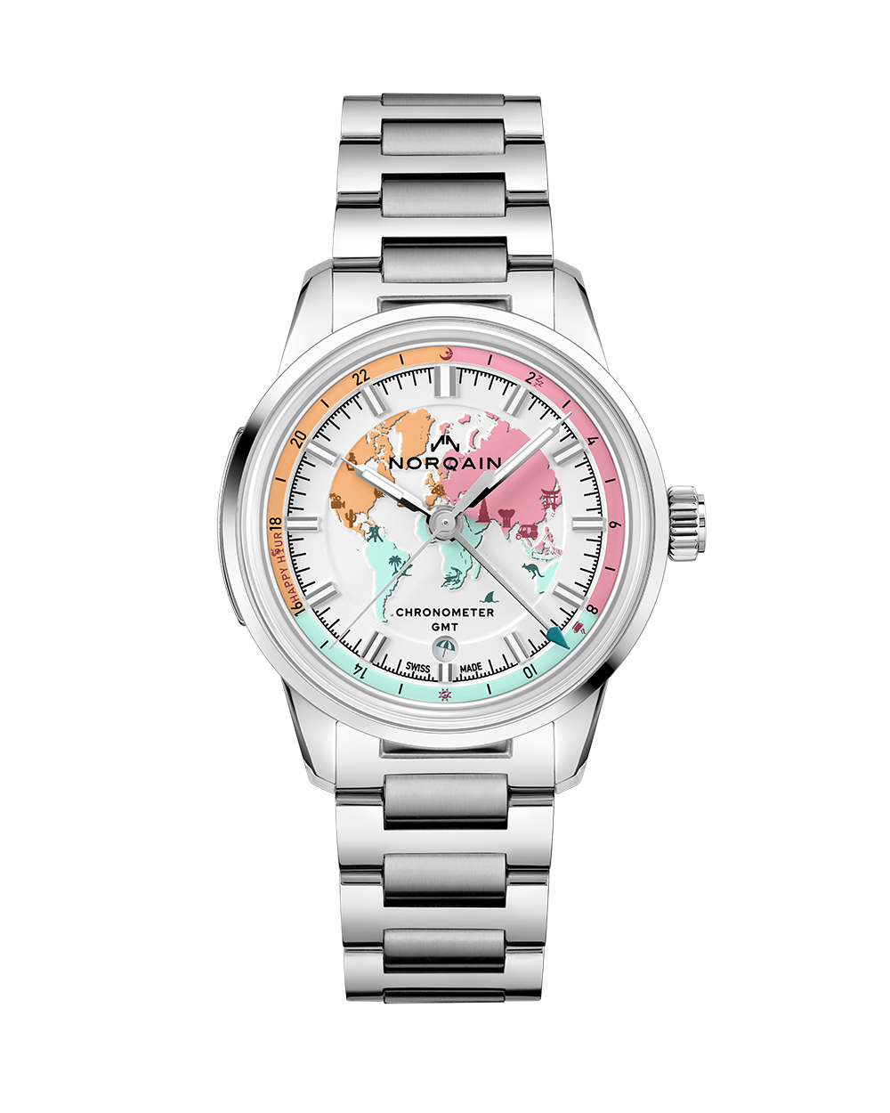 Norqain stainless steel  timepiece with a colorful face on a white background