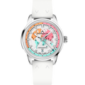 Norqain timepiece with colorful face and white rubber strap on a white background