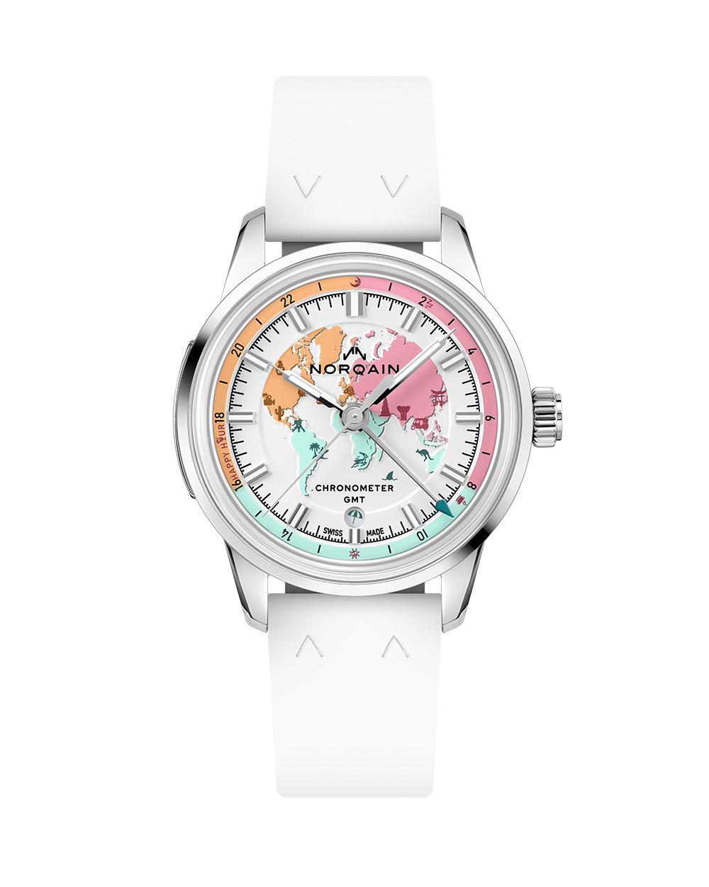 Norqain timepiece with colorful face and white rubber strap on a white background