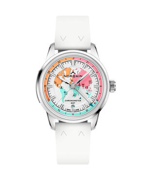 Norqain timepiece with colorful face and white rubber strap on a white background