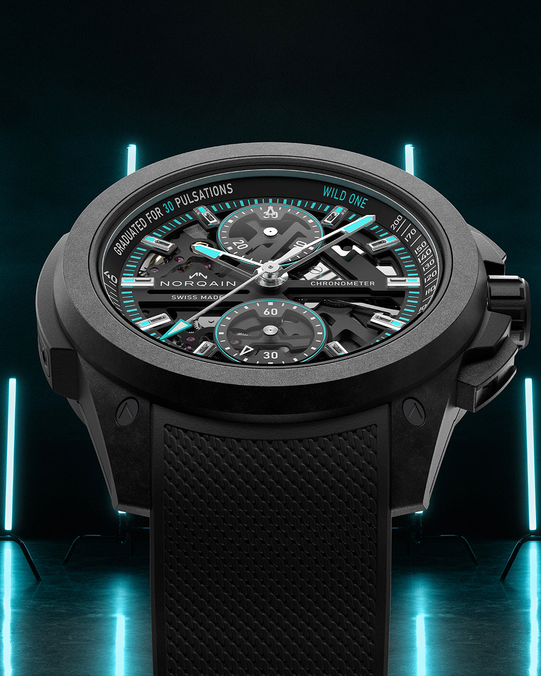 Black wristwatch with detailed face on a dark background