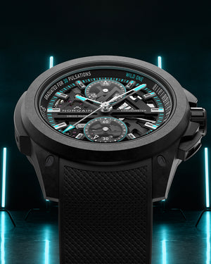 Black wristwatch with detailed face on a dark background