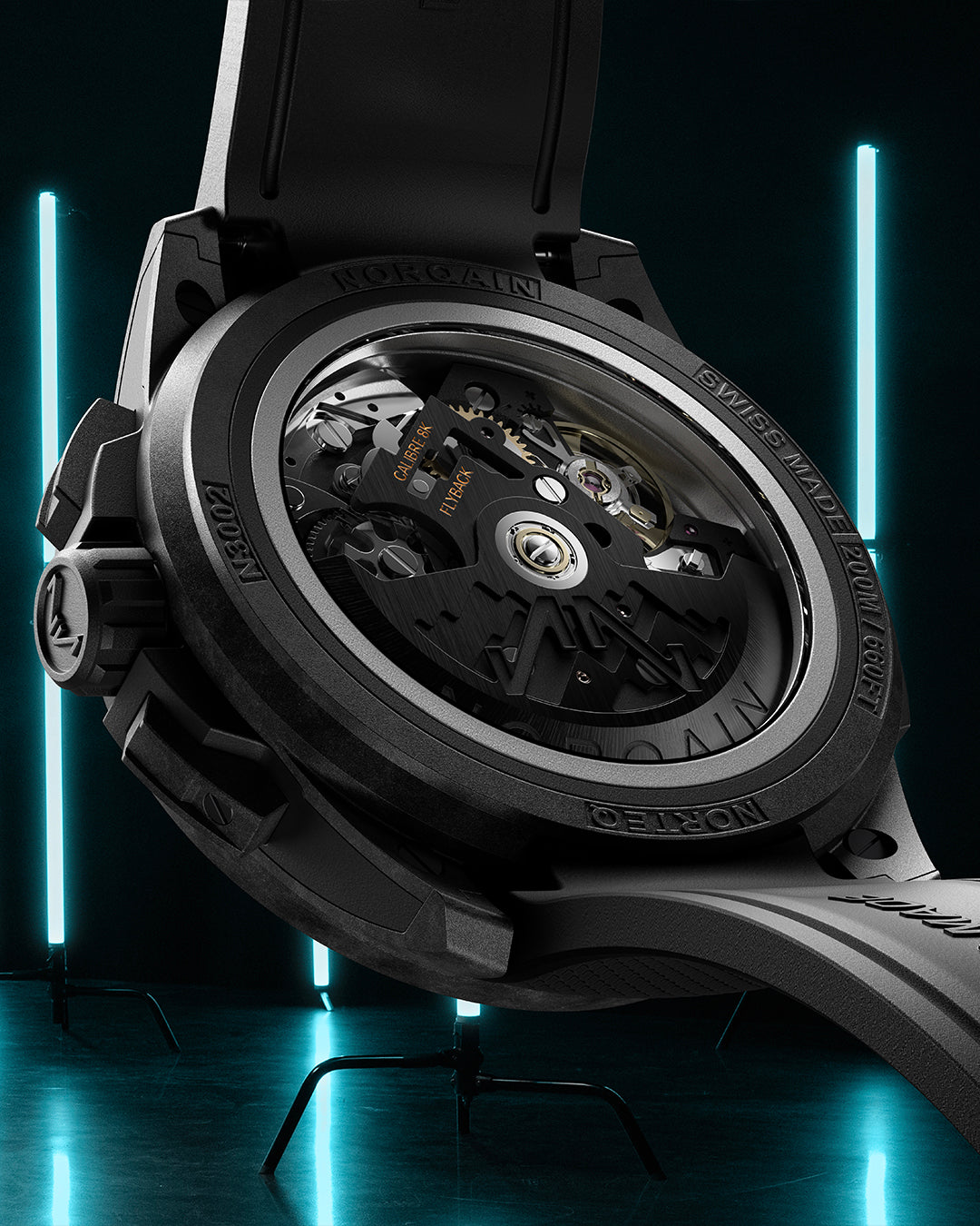 Close-up of a black watch with visible brand name on a dark background