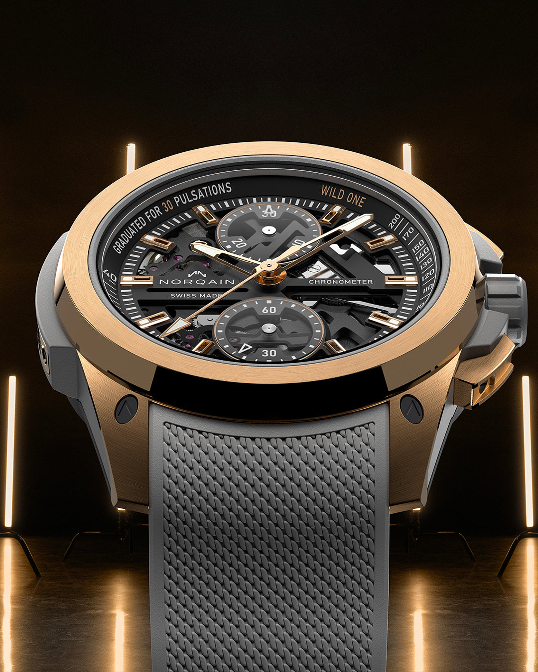 Luxury watch with a detailed face and gray strap on a dark background