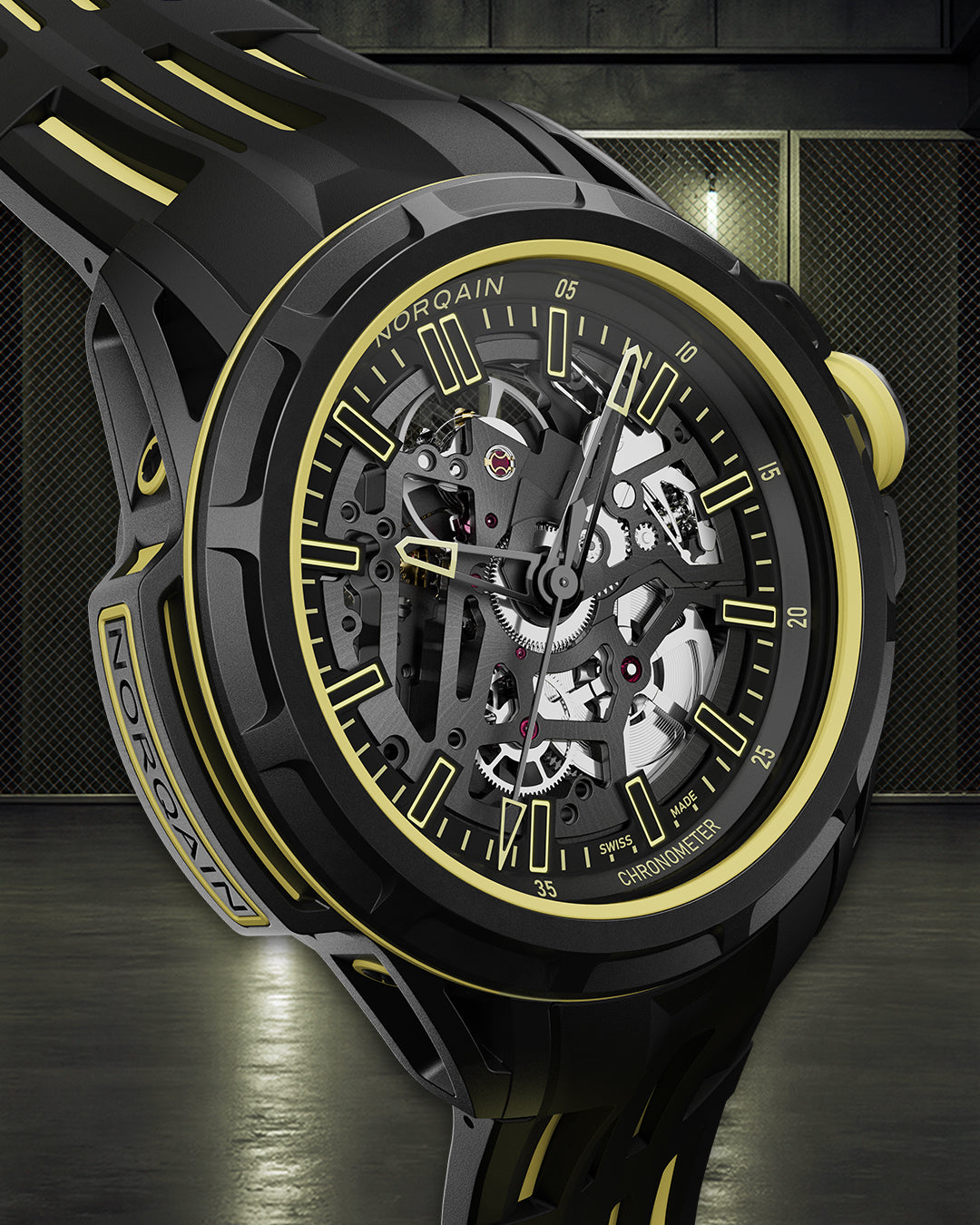 Black and yellow mechanical watch with visible brand name on a dark background