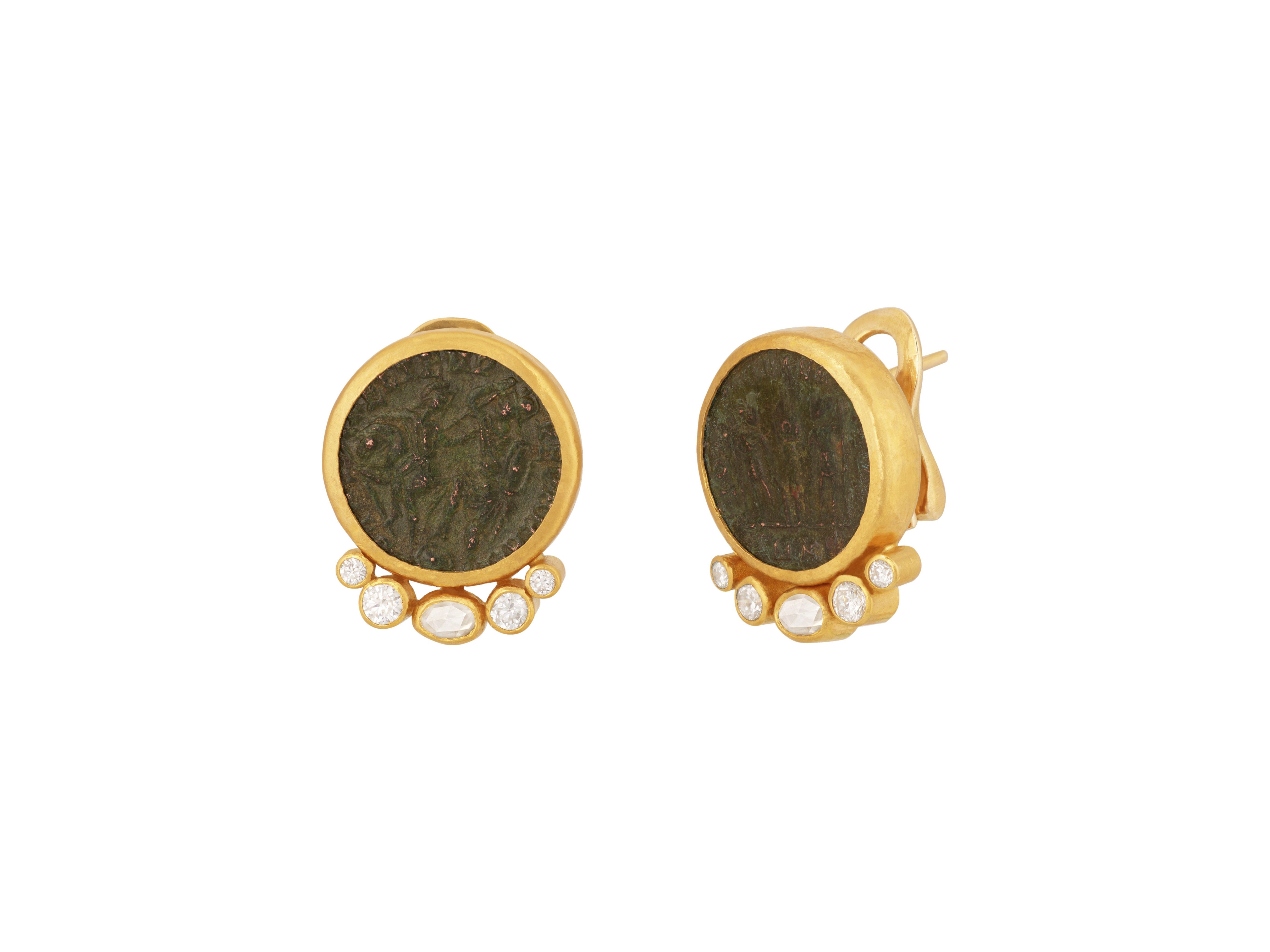 Gold Coin and Diamond Stud Earrings