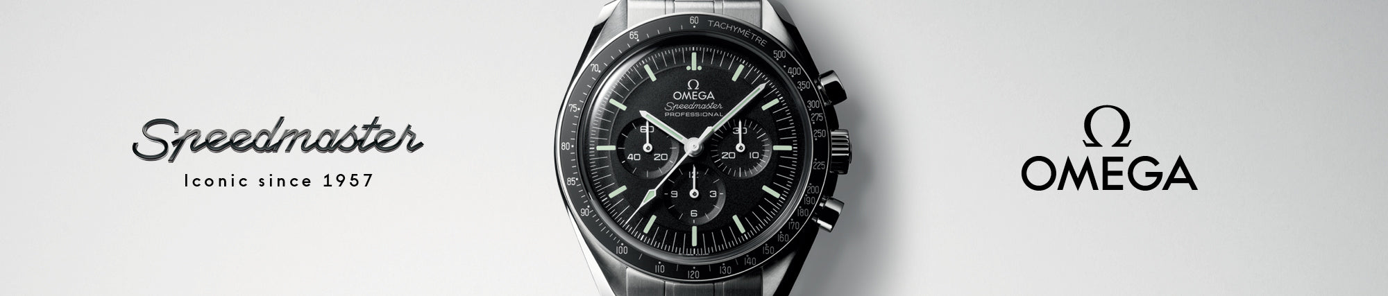 Omega Speedmaster watch with brand logos on a light gray background