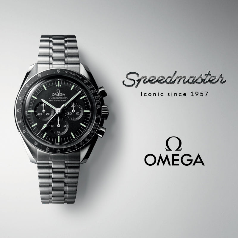 Omega Speedmaster watch with black dial on a light gray background