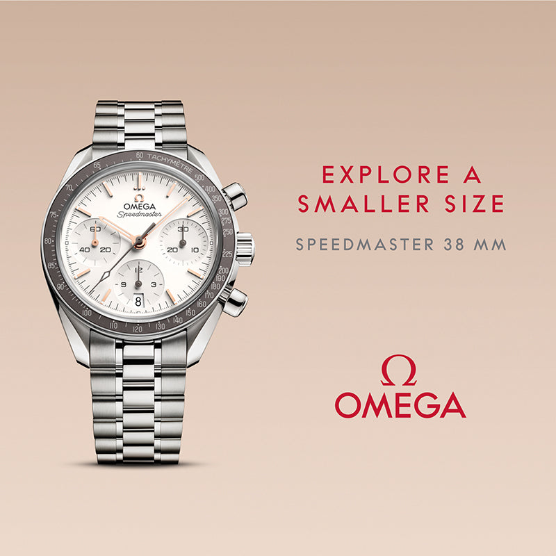 Omega Speedmaster watch with brand logos on a beige background