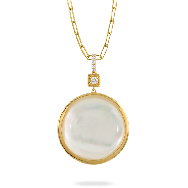 Diamond Medallion Pendant with Clear Quartz over White Mother of Pearl
