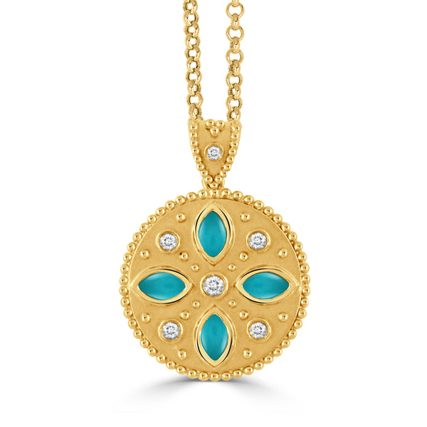 18K Yellow Gold Diamond with Turquoise Pendant