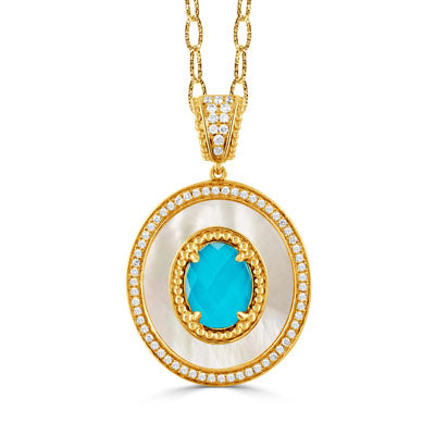 18K Yellow Gold Diamond White Mother of Pearl with Turquoise Pendant