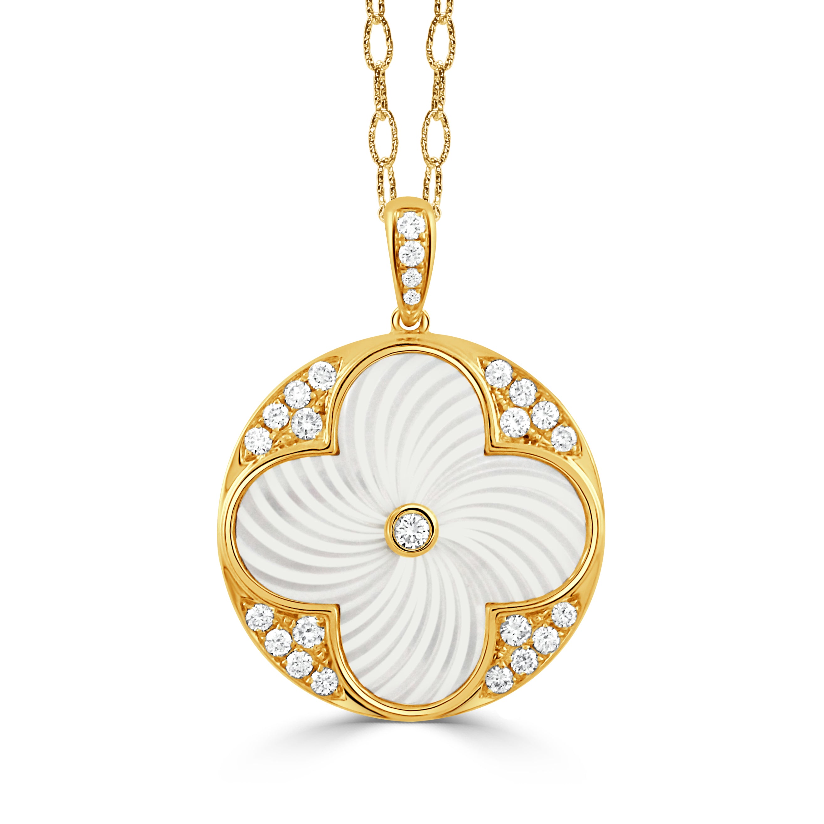 18K Gold Diamond Pendant with White Mother of Pearl