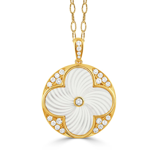 18K Gold Diamond Pendant with White Mother of Pearl