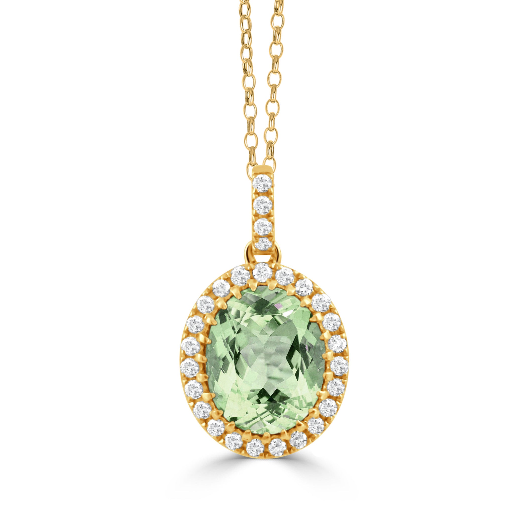 Front view of 18K yellow gold pendant with oval green amethyst center, diamond halo, and diamond-set bail on white background