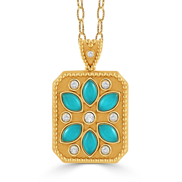 18K Yellow Gold Diamond Pendant with Turquoise