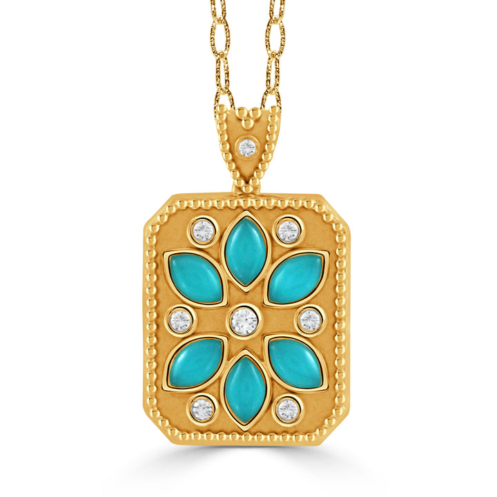 18K Yellow Gold Diamond Pendant with Turquoise