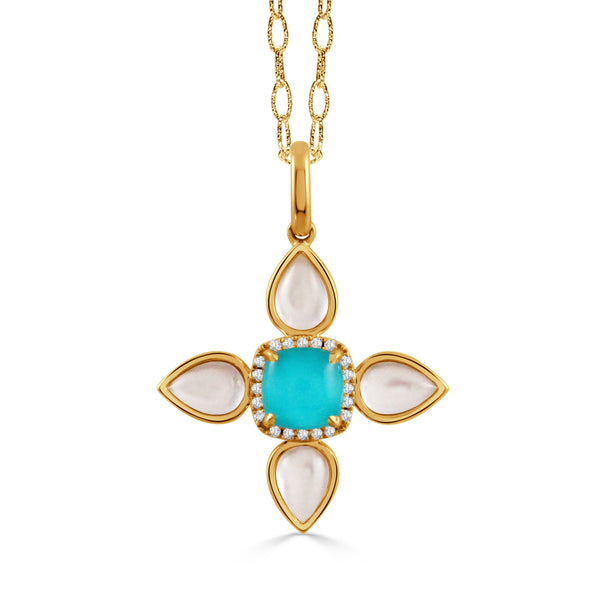 18K Yellow Gold Diamond with Turquoise and White Mother of Pearl Pendant