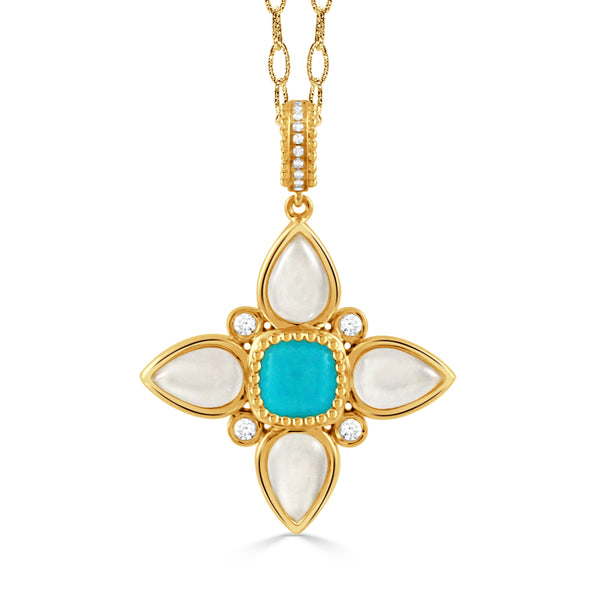 18K Yellow Gold Diamond with Turquoise and White Mother of Pearl Pendant