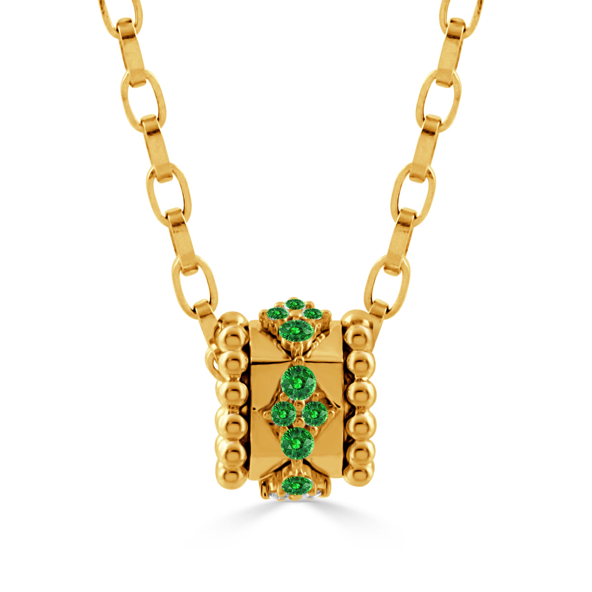 Front view of 18K yellow gold pendant on chain showcasing green tsavorite stones and beaded geometric detailing on white background