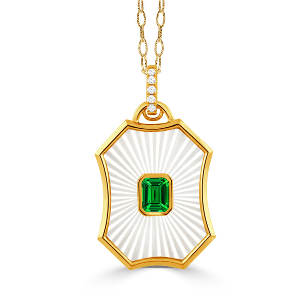 18K Gold Diamond Pendant with White Mother of Pearl and Tsavorite