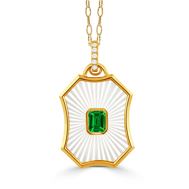 18K Gold Diamond Pendant with White Mother of Pearl and Tsavorite
