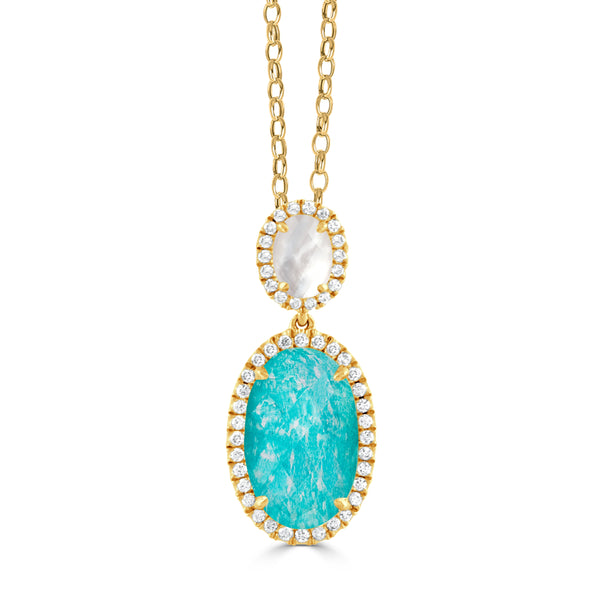 18K Yellow Gold Diamond Pendant with Mother of Pearl and Amazonite